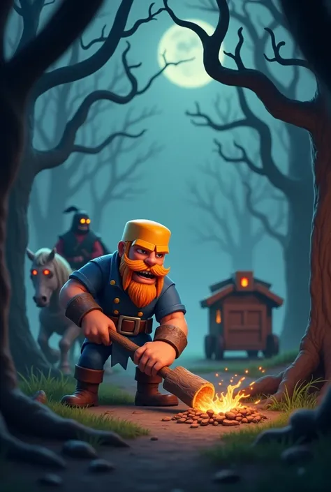 A highly detailed scene featuring the Lumberjack character from Clash of Clans, accurately depicted with his orange hair, mustache, and beard, wearing his signature blue outfit. The Lumberjack is seen chopping down a tree in a dark, eerie forest, accompani...