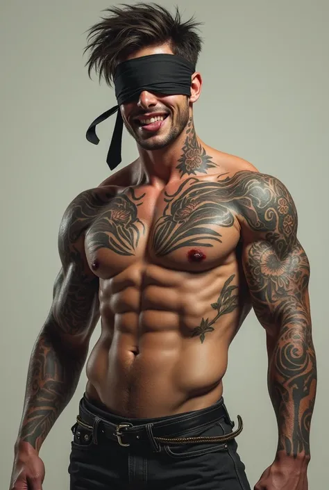 realistic image of young man, with messy hair, tattoos, Skin wounds, no shirt, only in white pants, mouth open sticking out tongue slightly and a smile and muscles in the arms and a blindfold 