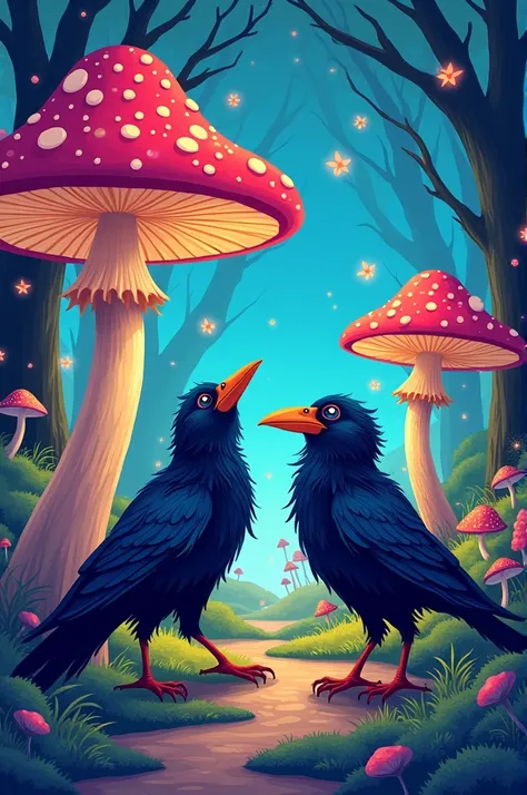 odin&#39;s ravens wandering through the magical forest full of hallucinogenic mushrooms cartoon