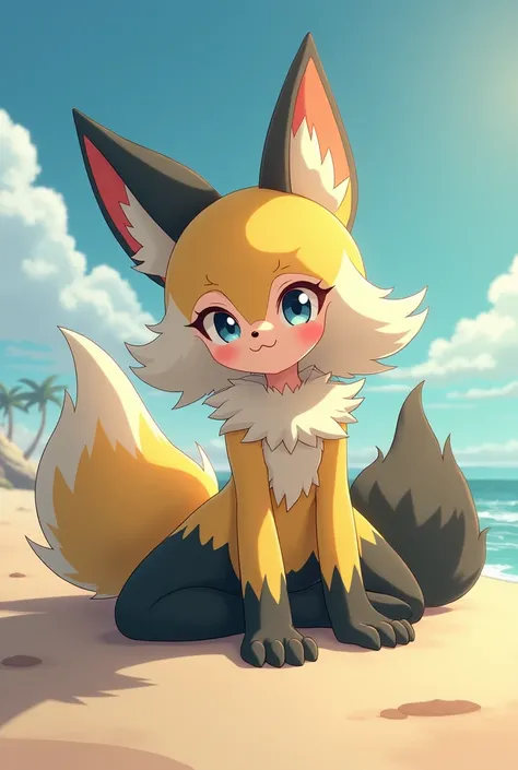 1girl, mermaid, beach, Delphox, fox ears, snout, stick, yellow fur, black fur, white fur, body fur, 8k, best quality, highres, masterpiece, wallpaper, beach, sitting, 