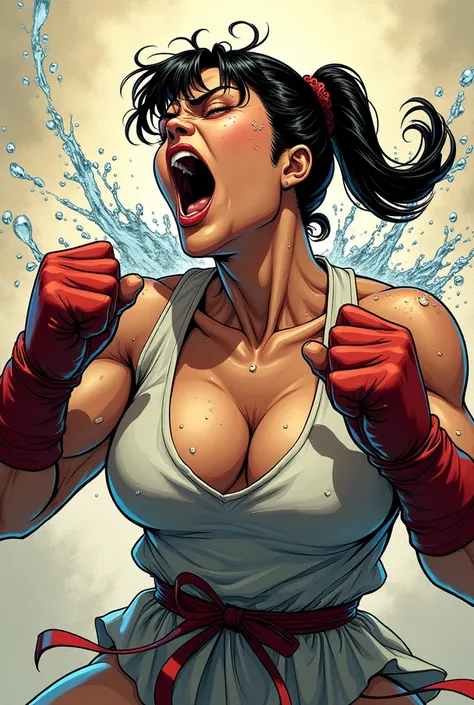 (sweaty)(muscular)A comic panel of a very sweaty Chunli getting punched in the gut. Shes vomiting and coughing heavily, she spits out lot of visible saliva, water, sweat repeatedly. Lot and Lot of water, saliva, sweat continously dropping from her mouth to...