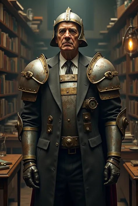 A literature professor in a suit of armor made of scrap metal 