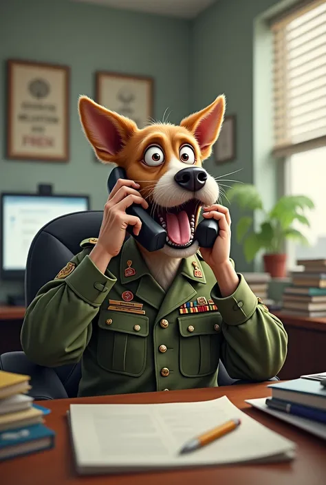 Meme dog wearing army outfit talking over phone in a office room