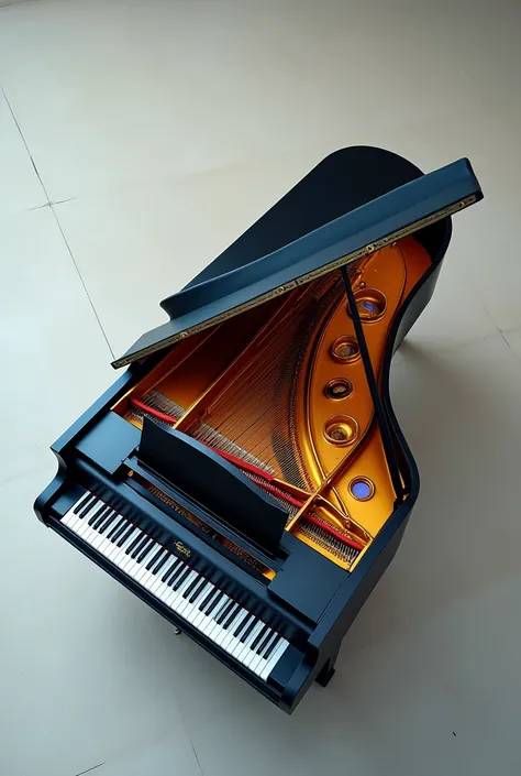 Photo of the piano from above with just a touch, & The piano&#39;s touch is orange and blue & black