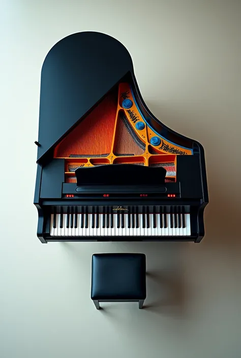 Photo of the piano from above with just a touch, & The piano&#39;s touch is orange and blue & black