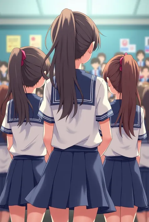 a group of girls at a school assembly, with ponytails, rear view, anime style 