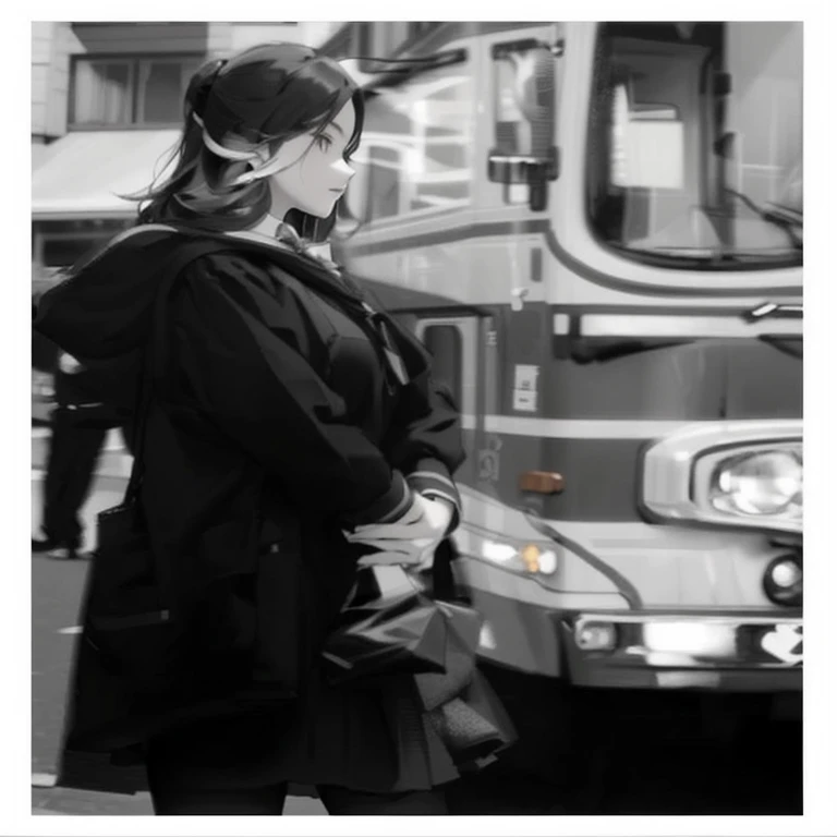 Beautiful school girl standing in front of a bus on a city street 