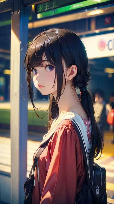 ((best quality)), ((masterpiece)), (detailed), Black Hair、Commuting、Station platform、Girl waiting for a train、Listening to music on headphones while waiting、Morning Glow、Side Angle、Vision、