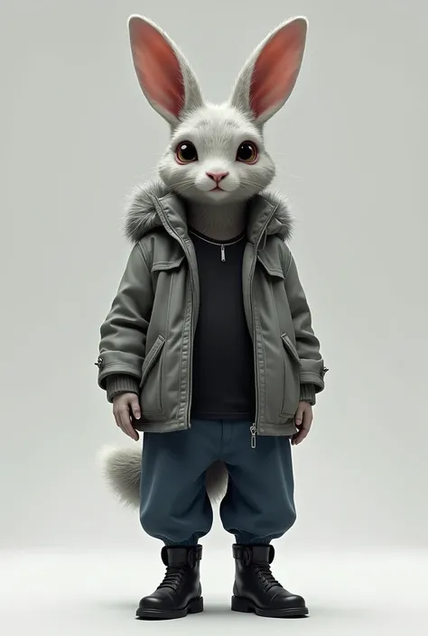 A tall furry with a bunny nose , rabbit ears , rabbit tail , like a grey jacket , black t-shirt , Navy blue pants and black boots, that is thin