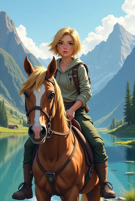 bionde, cheveux courts, 20 ans, geek, adventuress, on a horse at the edge of a lake in a mountainous landscape.