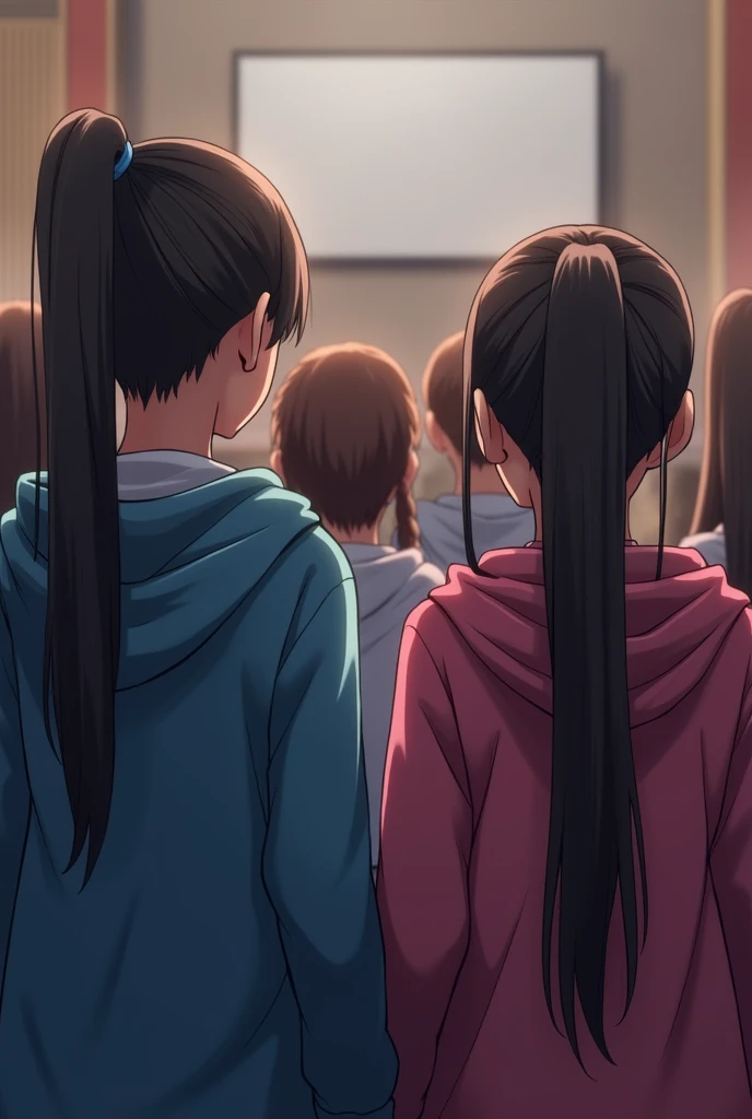 a group of girls in hoodies at a school assembly, with ponytails, rear view, anime style 