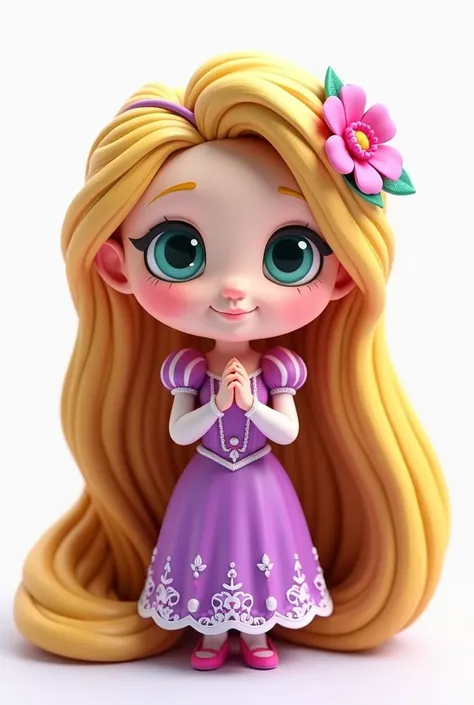 Rapunzel 3d chibi style with long thick hair very detailed, a flower headband in her hair, Very detailed classic purple dress, with hands together, looking ahead. Lisa Frank&#39;artistic style. White background