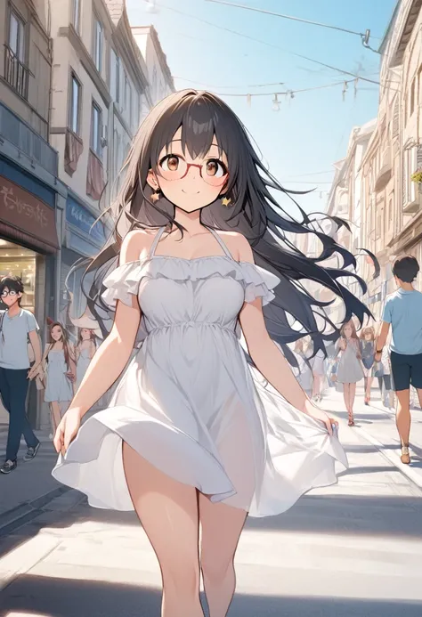 1girl, 17yo, brown eyes are shining and cute, black hair, long hair, tareme, (red-rimless eyewear:1.2), star earrings, medium breasts, smile, blushful,

a girl that is wearing a white summer dress stands in the middle of a street,walking, solo focus, build...