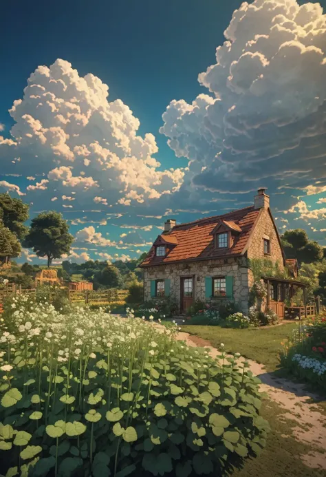 Tintin style a cottage field herbs lighting heavenly clouds detailed 8khdr!!!!