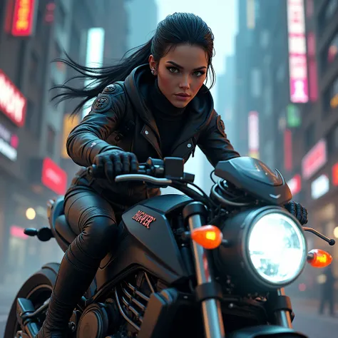 ((top-quality)), ((Best Retail)), (high level of detail: 1.3), 3d, A woman riding a motorcycle,Beautiful fece (The cyberpunk:1.3) hacker woman,  spy, riding a motorcycle,medium long shot,(medium shot)Motion Blur, 