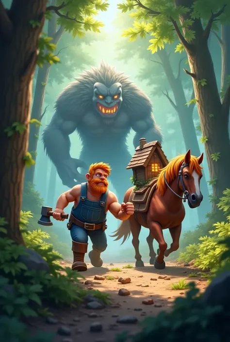 In a dense forest, a lumberjack from Clash of Clans, with orange hair, mustache, and beard, dressed in his signature blue outfit, is vigorously chopping down trees with his axe. Next to him, a horse is trotting along, carrying a small house on its back, mo...