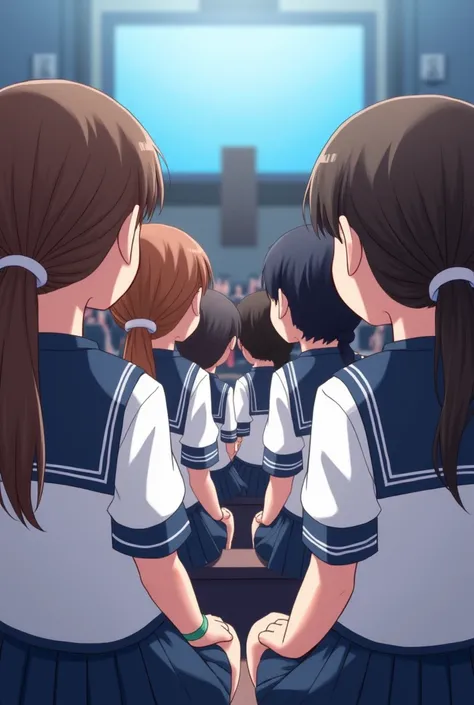 a group of girls at a school assembly, with low ponytails, rear view, anime style 