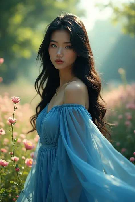 a beautiful woman with long dark black hair, piercing blue eyes, delicate facial features, wearing a long flowing blue dress, standing in a lush garden with blooming flowers, sunlight filtering through the trees, (best quality,4k,8k,highres,masterpiece:1.2...