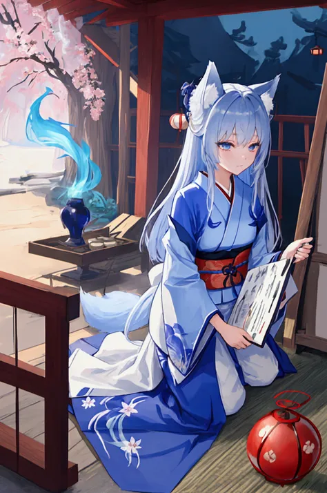 fox Light blue hair 　beast girl　indigo fur　fox beast girl　fox Light blue hair 　beast girl　indigo fur　fox beast girl　Wallpaper 4k,8k,highly detailled,,vivid colors,detailed kitsune with 9 tails,traditional Japanese artwork,tatami floor,beautiful cherry blos...