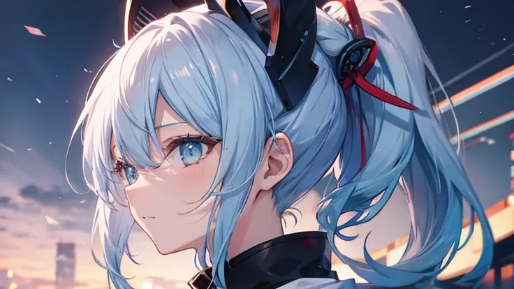 Female Samurai,Light blue hair in a ponytail,Beauty,mask