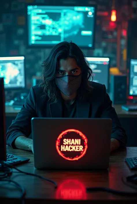 An indian handsome  medium long hair man wearing mask using laptop where back of laptop "Shani hacker " is written in design  the room is filled with hacking gadgets and monitors