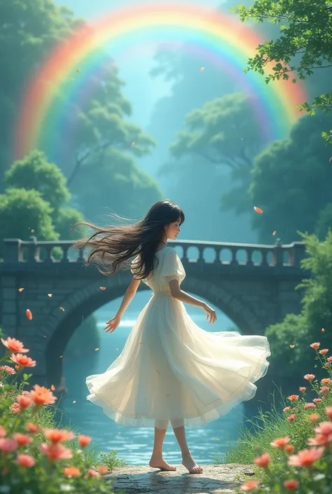 Weather Rain,rainbow,bridge,woman,White dress,petal,flower dance,Wind,null,Colorful,アニメWind,新海誠Wind