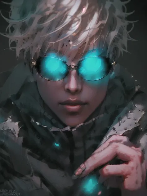 1 boy, looking at screen, masterpiece, best quality, solo, Gojo Satoru, highest detailed, sunglasses, glowing eyes, white hair, rim light, intricate details, hyper realistic, photorealistic, 8k, cinematic lighting, dramatic pose, intense expression, flawle...