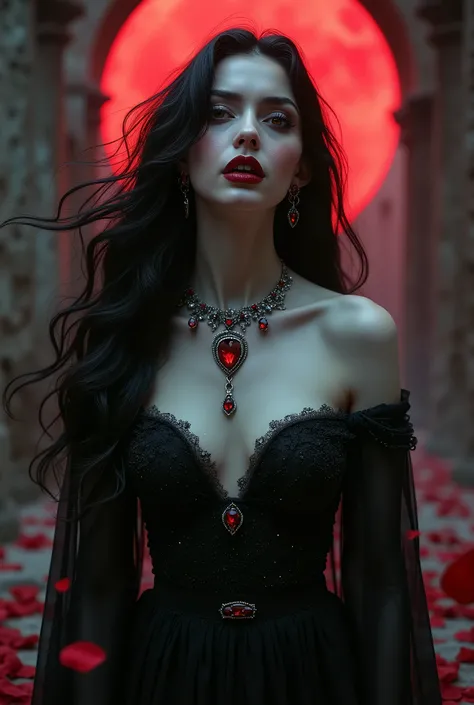 beautiful detailed eyes, long dark eyelashes, pointed fangs, flowing black hair, elegant posture, pale skin, red lips, traditional Arabic dress, mysterious aura, moonlit night, shadows, delicate jewelry, ancient ruins, floating rose petals, intense gaze, h...