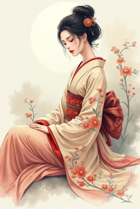 Watercolor style illustration of an elegant Japanese woman from the Edo period sitting with her legs extended in a relaxed pose. The image should capture the traditional beauty and grace of the era, featuring a Japanese woman with a serene and composed exp...