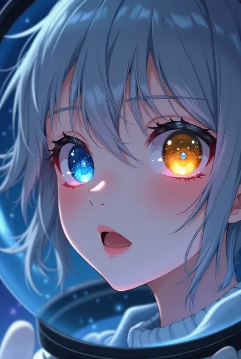 ( Anime Girls、Close-up of the masterpiece:1.5)0.9], (Space and astronauts:1.2) (Disheveled silver hair:1.1) (Heterochromia、Xanthochromia、blue eyes:1.2) (Space Helmet:1.0) (Colored stars in my eyes:1.0) (Shining Sparkle:1.1) (Thick lips:0.9)