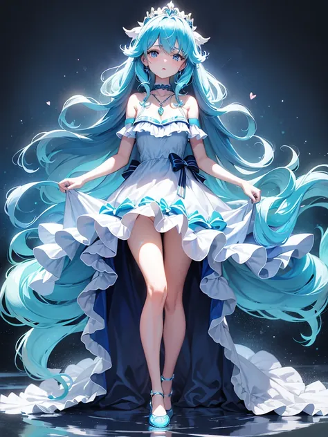 A tall young woman with navy blue long hair, small braids among the hair, messy hair, light blue eyes, small breasts, thin, tiara on the head, turquoise bow in the hair, blue heart necklace, white frilly dress, magical girl outfit, full body shot