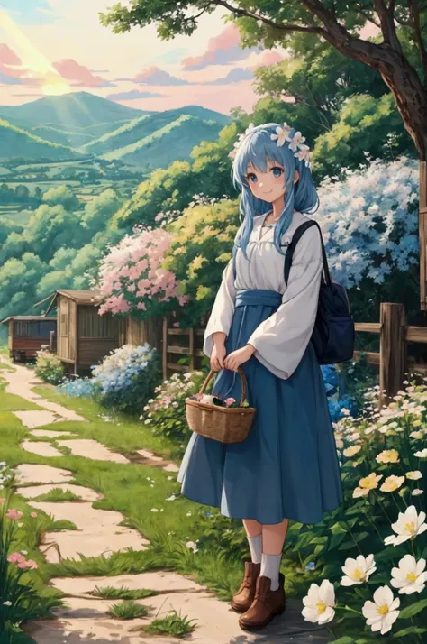 Reality, Beautiful and wonderful landscape oil painting、Studio Ghibli style、Blue sky and white clouds、Petal Meadow、Winding Road、Wagon road、Many flower gardens along the roadside、In the distance, there is a hut with a strange-colored roof.３Items lined up、Th...