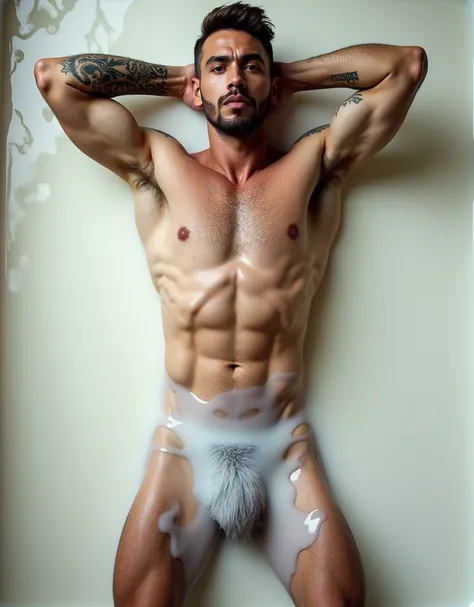 A very (wet) athlete in his early thirties, with tattoos, (thick chest hair), light white pale skin, short-bottomed brown hair, handsome face, Brazilian male, large and hairy protruding round pectoral muscle mans chest, hands behind his head, delicate face...