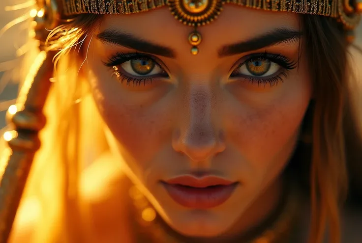 a girl staring at viewer from above, face shot, backlit, sunlight, outdoor, daytime, ceremonial, beautiful detailed eyes, beautiful detailed lips, extremely detailed eyes and face, long eyelashes, serene expression, ornate headdress, detailed jewelry, glow...