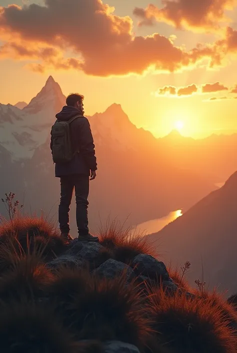 Create a real image of a man standing on the Himalayan mountain facing the sun as it sets. The world surrounding him looking very natural 