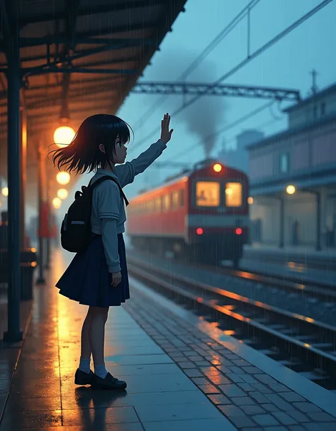  Anime style, vibrant colors, a young teenage girl, sad, waving good bye to a train, railway station backdrop,raining. 