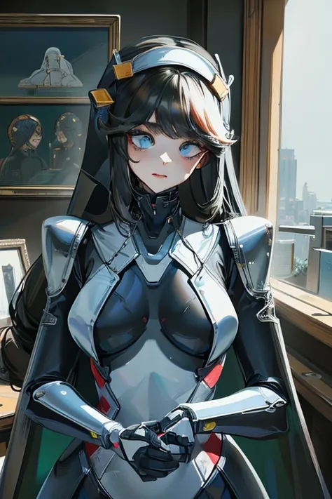 (masterpiece),(Highest quality),(Super detailed),(Best illustrations),(Best Shadow),(Absurd),(Detailed Background),(so beautiful), 16K, 8K, 4K,(Best Shadow),empty eyes,robotization,woman ,big bust,Robot Joint ,Metal skin,Black Suit,long hair,a black suit t...