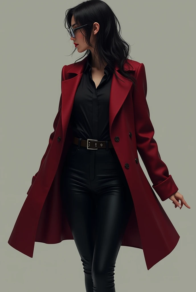 Woman in black tight pants, dark red coat with glasses and hair hitting the rib facing away from the camera.