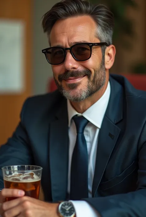 The male school director has a mustache and beard, wears cool sunglasses, and drinks iced tea.