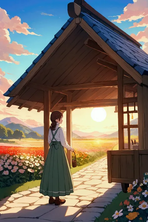 Reality, Beautiful and wonderful landscape oil painting、Studio Ghibli style、Blue sky and white clouds、Petal Meadow、Winding Road、Wagon road、Many flower gardens along the roadside、In the distance, there is a hut with a strange-colored roof.３Items lined up、Th...