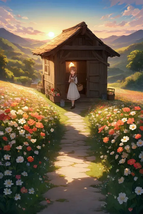 Reality, Beautiful and wonderful landscape oil painting、Studio Ghibli style、Blue sky and white clouds、Petal Meadow、Winding Road、Wagon road、Many flower gardens along the roadside、In the distance, there is a hut with a strange-colored roof.３Items lined up、Th...