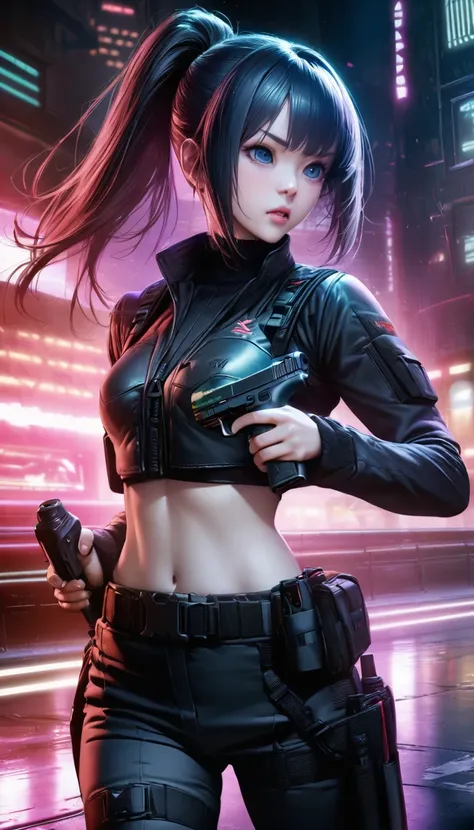 score_9、score_8_up、score_7_up,(Highest quality),(Ultra-high resolution),(Very detailed),(The best CG),(masterpiece),RAW Photos, 8k, ((Perfect hands, Perfect Anatomy)),pointing pistol, ponytail,  Supple, Mid-chest, Small waist、Black tactical uniform,Tactica...