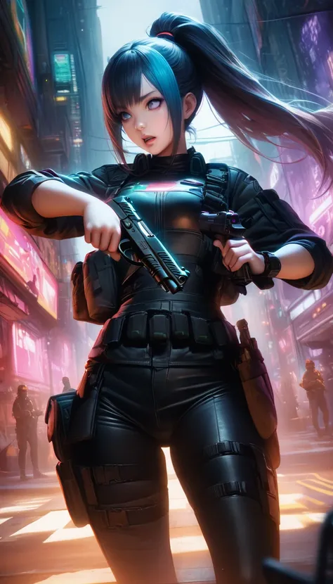 score_9、score_8_up、score_7_up,(Highest quality),(Ultra-high resolution),(Very detailed),(The best CG),(masterpiece),RAW Photos, 8k, ((Perfect hands, Perfect Anatomy)),pointing pistol, ponytail,  Supple, Mid-chest, Small waist、Black tactical uniform,Tactica...