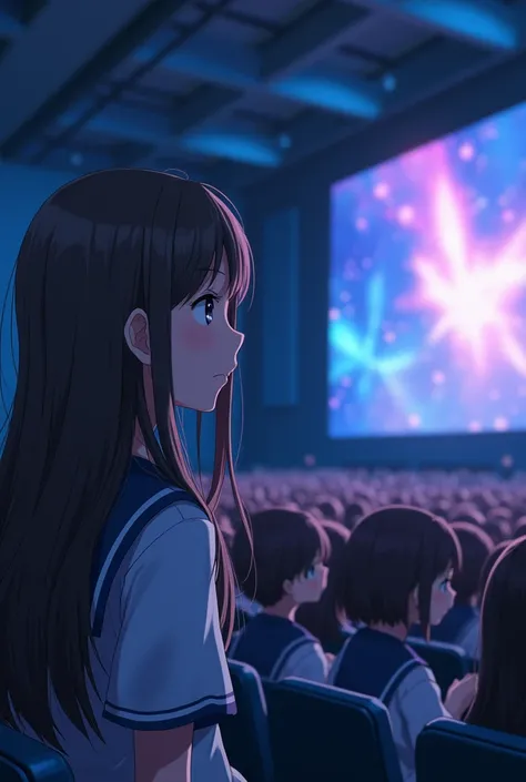 a massive group of girls with soft straight hair at a school assembly, hypnotized by a screen, side view, anime style 