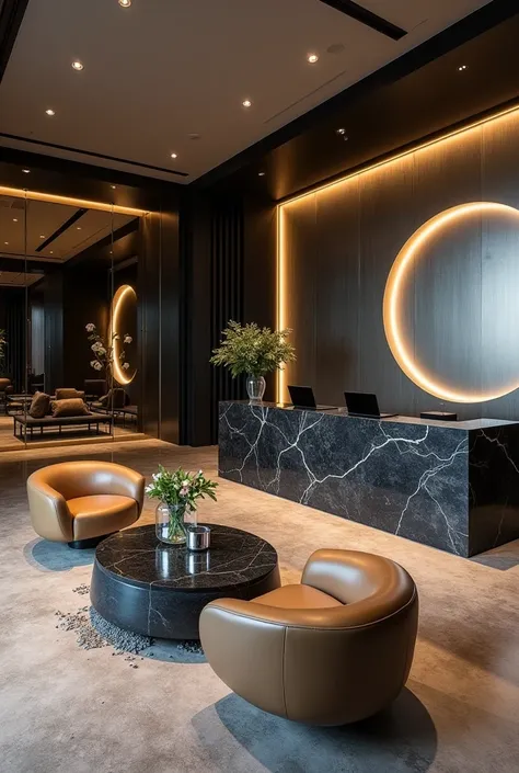 Professional 3d architecture rendering design of modern   And high tech for boticque  hotel’s Labi with  dark slab  stone  and 8 dark  beige  leather Chairs  that separate with modern green space and medium  flouting  dark gray marble  station and  2 lapto...