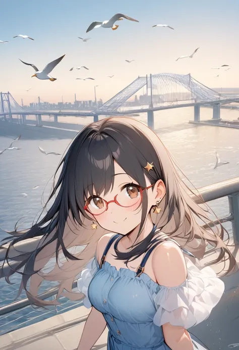 1girl, 17yo, brown eyes are shining and cute, black hair, long hair, tareme, (red-rimless eyewear:1.2), star earrings, medium breasts, smile, blushful,

Walk along the harbor as a refreshing breeze blows from the front. Seagulls fly overhead, and in the di...