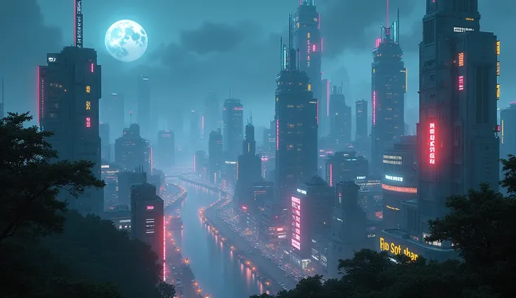 a beautiful cyberpunk fantasy forest city of japan at night, detailed 3d render, cinematic lighting, dramatic lighting, intricate architecture, neon lights, glowing lights, misty atmosphere, highly detailed, volumetric fog, vibrant colors, neon signs, skys...