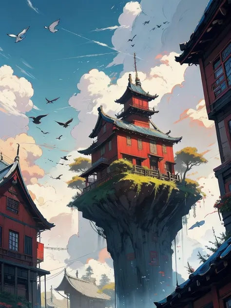 Color (Fantasy: 1.2), (traditional Chinese style), (irregular red building floating on the cloud), patchwork cottages, flower decorations, lights, concept art inspired by Andreas Rocha, Artstation contest winner, Fantasy art, (sky city), ross tran, light s...