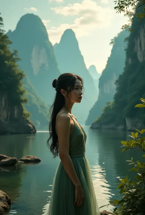 Give me an image with sexy girl and landscape in ancient drama. Vietnamese girl