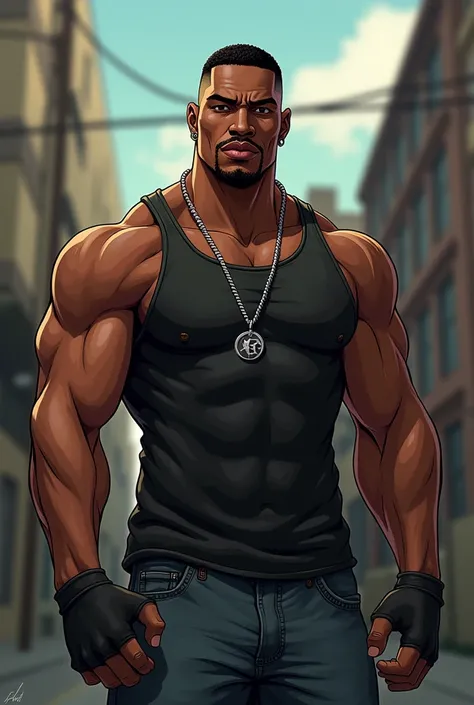 Make a male gang member resembling a character from the GTA San Andreas video game series, with a considerable amount of muscle mass without a beard and with fine facial features and a small silver-colored earring in his right ear and smiling confidently a...